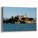 Landscape art painting of Alcatraz Island in vibrant colors on a framed canvas, ideal for office decor.