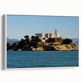 Vintage poster art of Alcatraz in muted black and colorful strokes on extra-large framed canvas, ideal for living room decor.