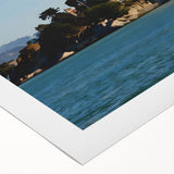 Art deco poster of Alcatraz Island in muted blues and grays on rolled canvas, suitable for dining room wall art.