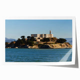 Rolled print of Alcatraz Island with muted gray and blue tones, ideal for dining room wall art.