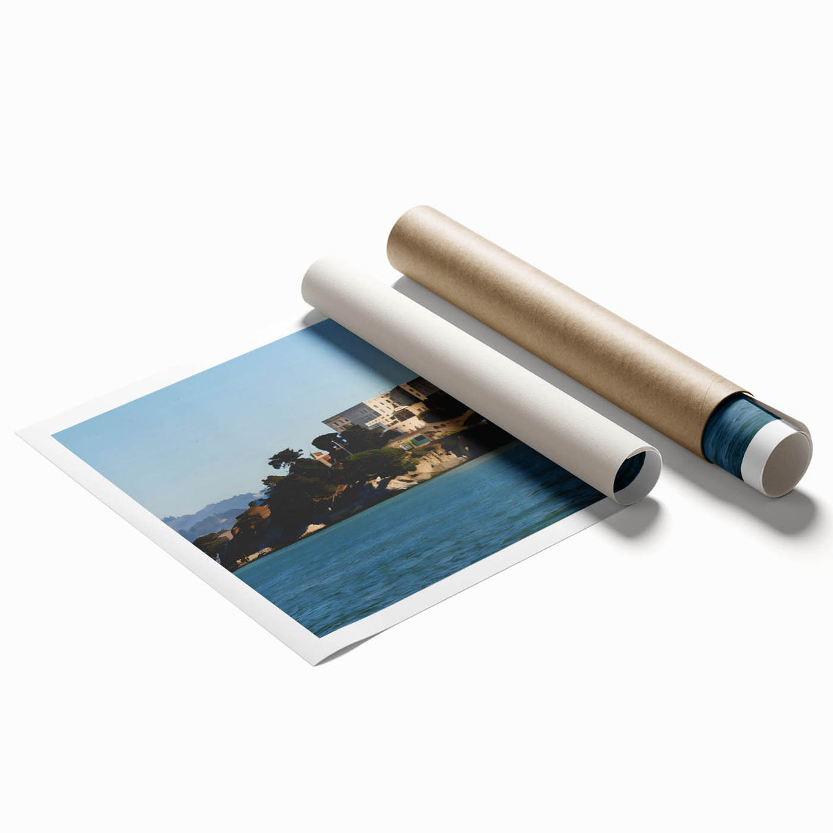 Large rolled print of Alcatraz in muted gray tones, suitable as classy bathroom wall art.
