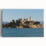 Black and white photograph of Alcatraz Island on stretched canvas, suited for kitchen wall art.