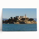 Black and white image of Alcatraz Island on a stretched canvas, ideal for kitchen wall art or bedroom decor.