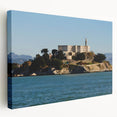Side view of a stretched canvas featuring a detailed illustration of Alcatraz Island in muted earth tones.