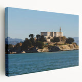 Side view of a stretched canvas featuring a detailed illustration of Alcatraz Island in muted earth tones.