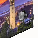 Large abstract wall art depicting Berkeley, California in mid-century modernist style with muted earth tones.