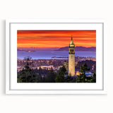 Abstract art print of Berkeley landscape in muted earth tones, framed with a white mat, ideal for dining room decor.