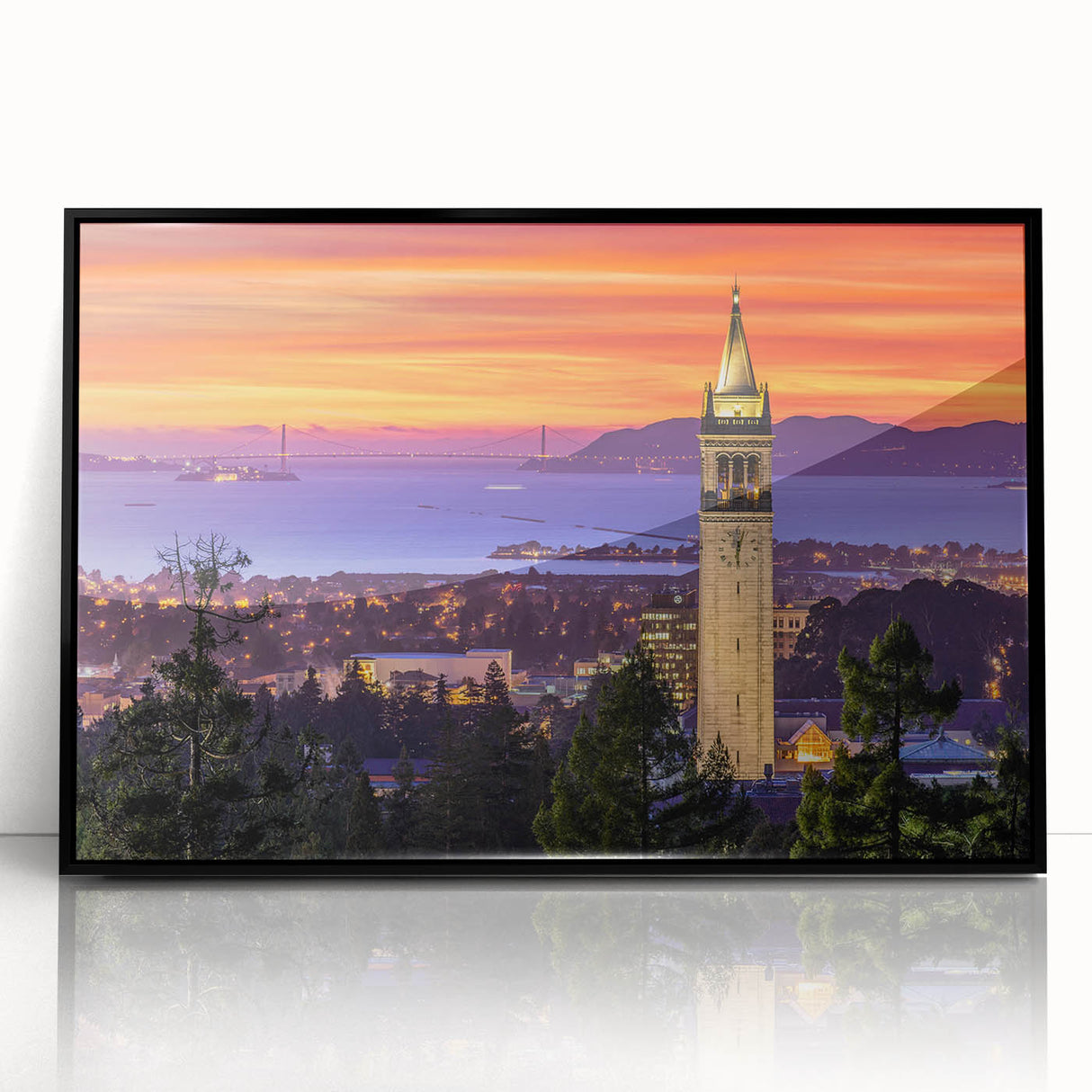 Large abstract wall art depicting a stylized Berkeley landscape in muted earth tones on a framed acrylic.