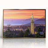 Mid-century modernist art of Berkeley, California, in a framed acrylic with golden hues, ideal for modern art wall decor.