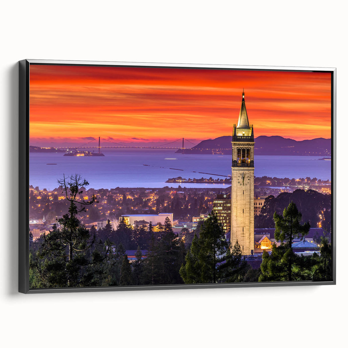 Black and white framed canvas of Berkeley landscape in vintage poster style, ideal for bedroom wall art.