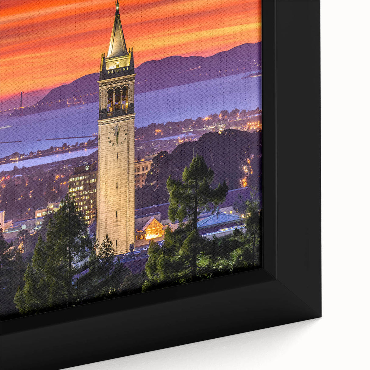 Framed canvas of a textured, colorful Berkeley cityscape on a black background, ideal for living room decor.
