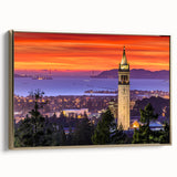 Framed canvas of a vintage-style Berkeley, California landscape in black with gold accents, ideal for bedroom wall art.