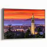 Framed canvas landscape art painting of Berkeley with colorful backdrop and black vintage poster style.
