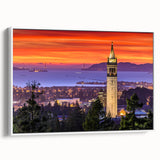 Vintage poster art of Berkeley, California, featuring colorful art on white-framed canvas, ideal for living room decor.