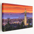 Side view of a stretched canvas featuring a detailed Berkeley, California cityscape in soft earth tones.