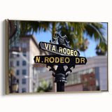 Framed canvas depicting a vintage-style Beverly Hills landscape in black and gold tones, ideal for bedroom wall art.