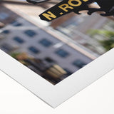 Art deco poster of Beverly Hills in muted gold and black, rolled canvas, suitable for dining room wall art.