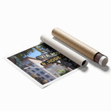 Rolled print of Beverly Hills scenery with floral accents in pastel colors, suitable for large living room or bathroom decor.