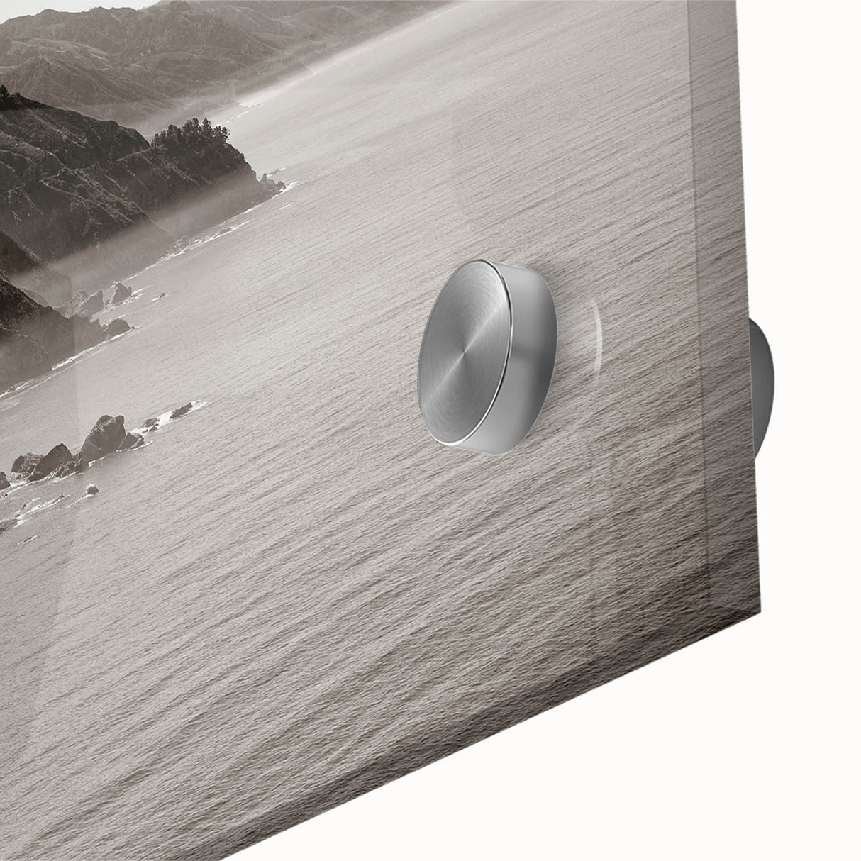 Mid-century modernist large abstract wall art of Big Sur in muted earth tones on acrylic glass.