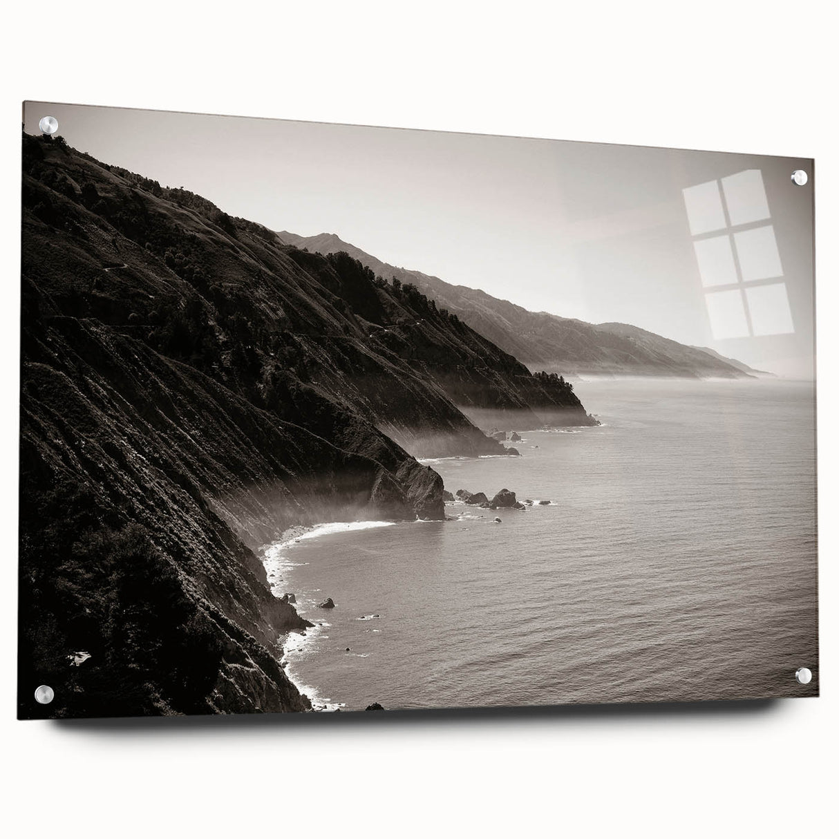 Acrylic print of Big Sur scenery in muted earth tones, ideal for dining room decor.