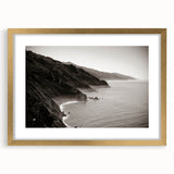 Extra large abstract art print of the Big Sur coastline in textured shades of blue and green, framed in gold.