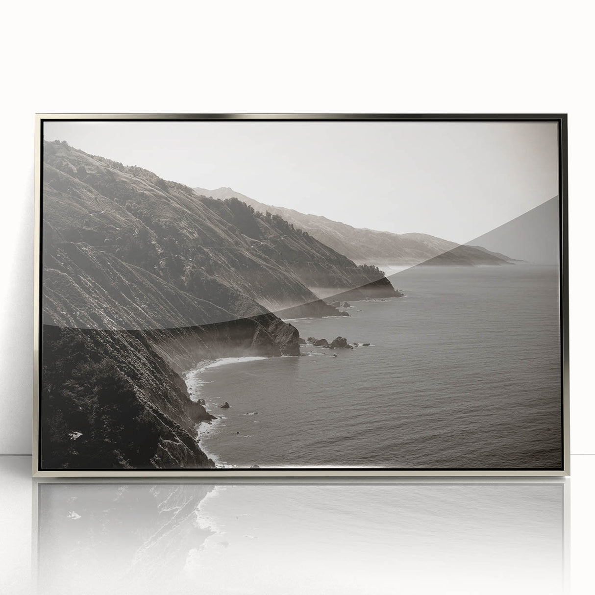 Mid-century modernist art depicting California’s Big Sur in vibrant colors on a framed acrylic print.