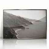 Mid-century modernist art depicting California’s Big Sur in vibrant colors on a framed acrylic print.