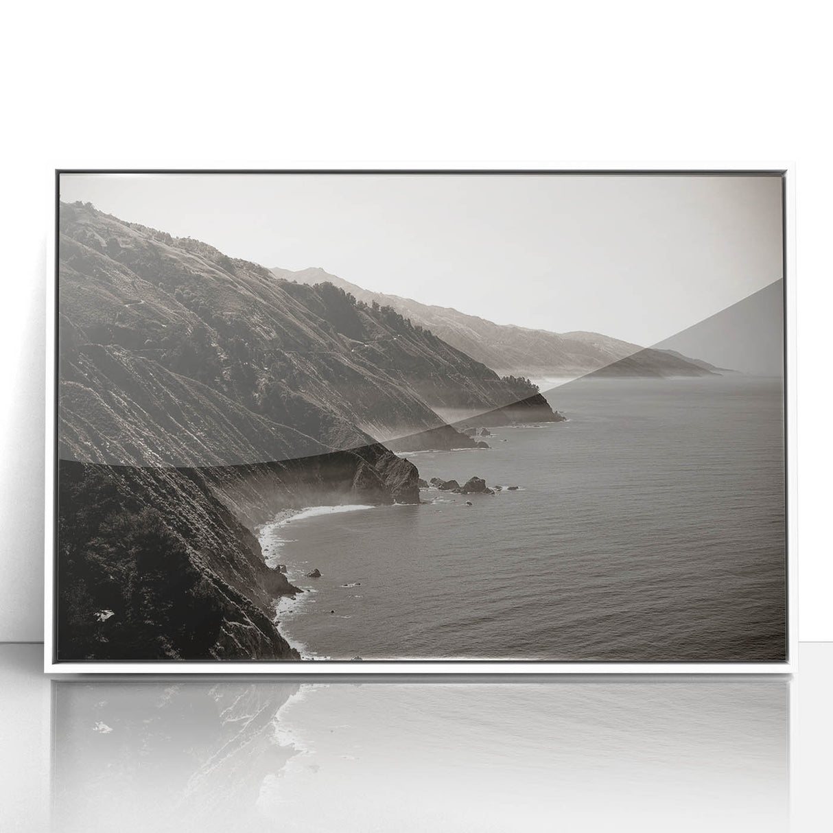 Acrylic print of Big Sur coastline in muted blue and green tones, framed in white, ideal for modern art wall decor.