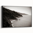 Framed canvas of a black and white vintage-style landscape painting of Big Sur, ideal for bedroom wall decor.