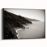 Framed canvas of a black and white vintage-style landscape painting of Big Sur, ideal for bedroom wall decor.