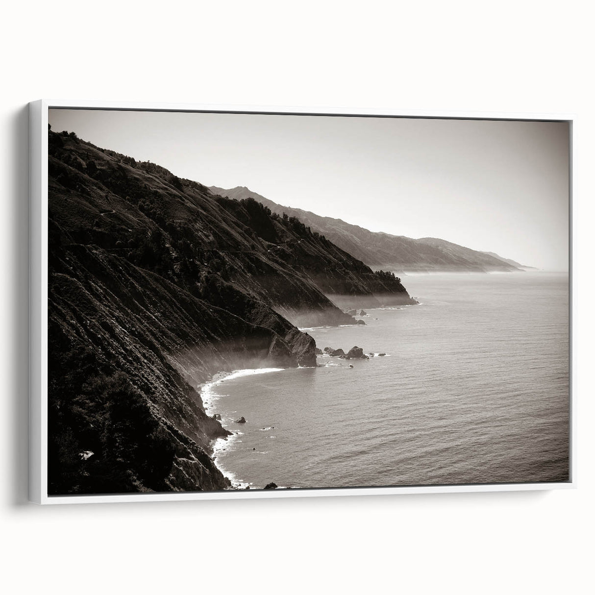 Vintage poster art of Big Sur with colorful landscape on a large framed canvas, ideal for living room decor.