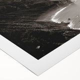 Art deco poster of California's Big Sur coastline in muted blue and green hues on rolled canvas.
