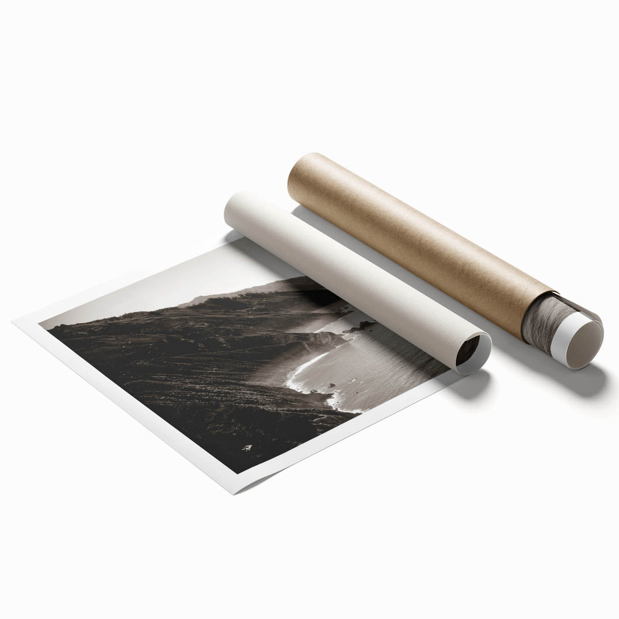 Extra large rolled print featuring Big Sur landscape with floral elements in pastel shades.