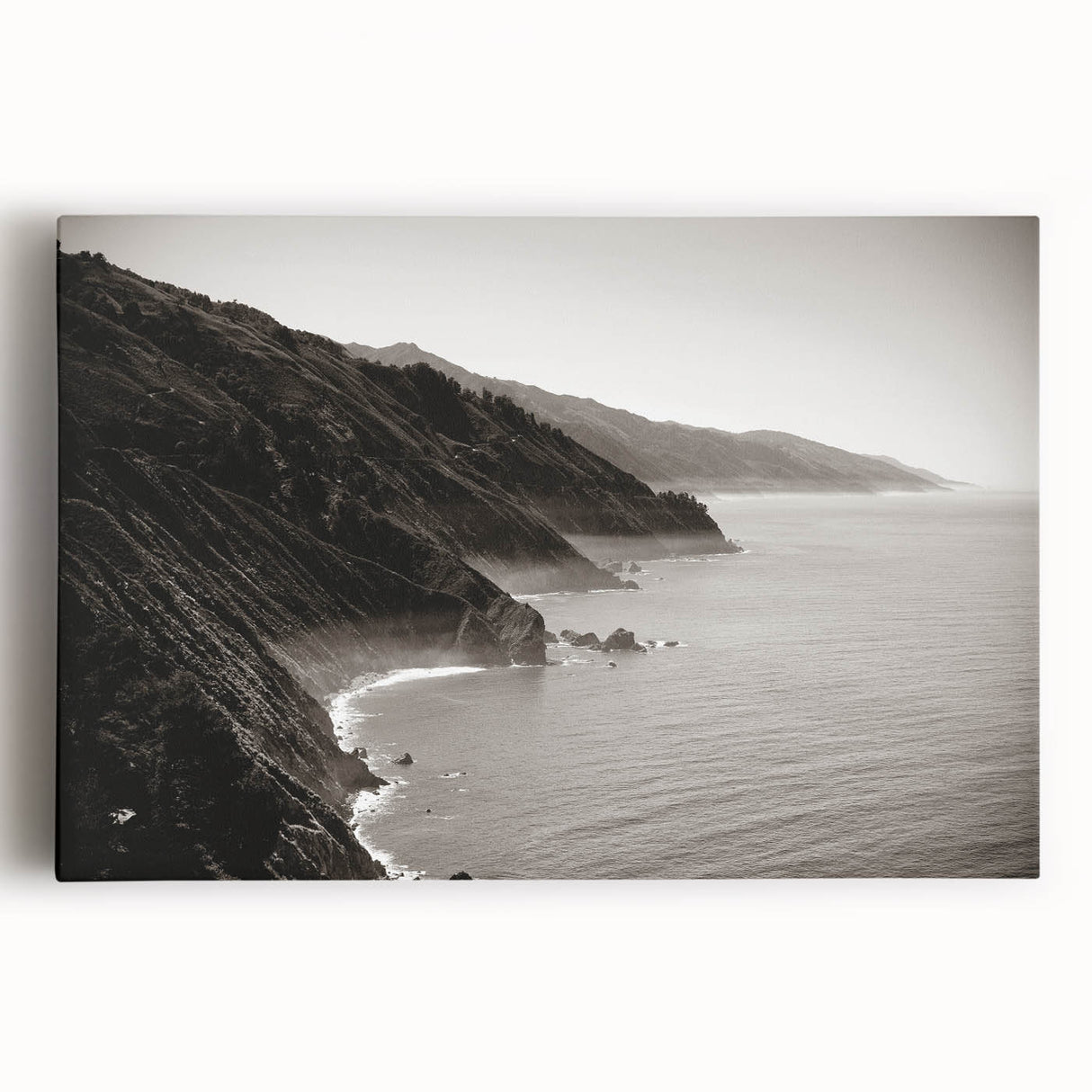 Black and white photograph of Big Sur coastline on large stretched canvas, suitable for kitchen wall art.