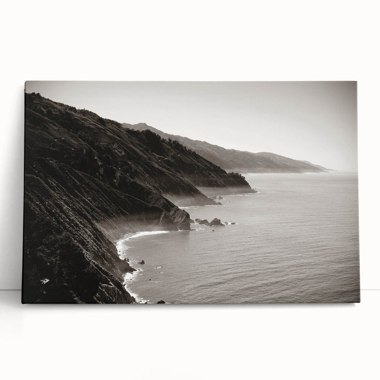 Black and white photo of Big Sur on stretched canvas, ideal for kitchen wall art or bedroom.