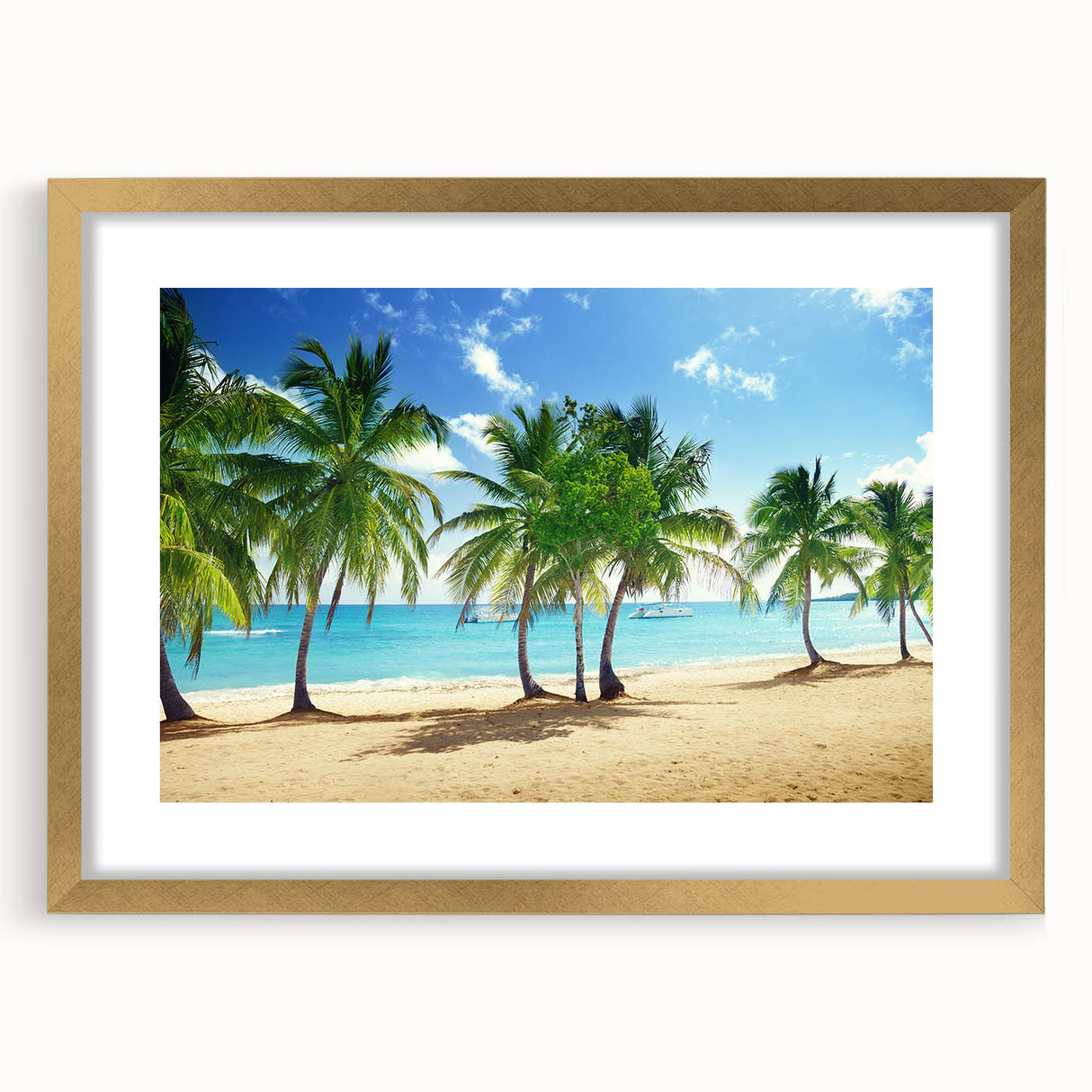 Extra large abstract art print of Catalina, California, in muted earth tones on a textured canvas, framed in gold.