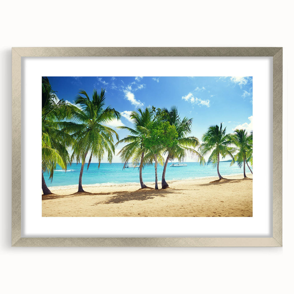 Textured abstract art print of Catalina scenery in silver frame with mat, featuring soft blue and beige tones.