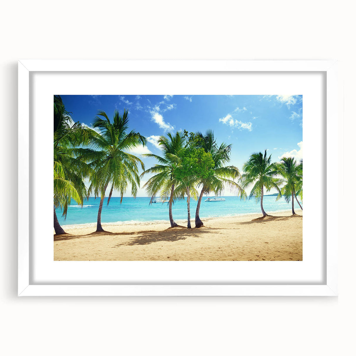 Abstract art print of Catalina, California in muted blue tones on a framed white mat, ideal for dining room decor.