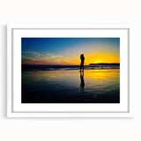 Abstract art print depicting the Coronado, California, scenery in muted blue and gray tones on a white matted frame.