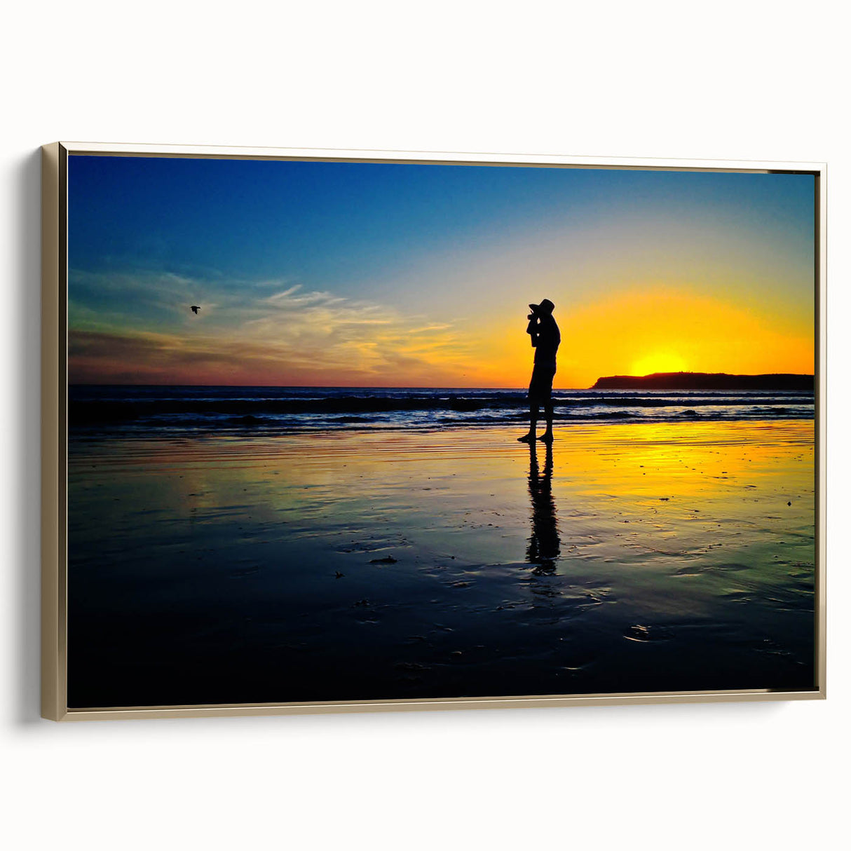 Framed canvas featuring a vintage-style landscape painting of Coronado, California, with gold and black tones.