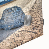 Mid-century modernist art of Death Valley in muted earth tones on large acrylic glass, ideal for dining room art.