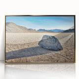 Acrylic print of Death Valley scenery in muted earth tones, framed in gold, suitable for modern art wall decor.