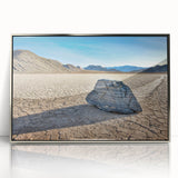 Mid-century modernist art depicting Death Valley in muted earth tones on a silver-framed acrylic print.