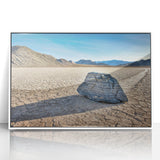 Acrylic print of Death Valley landscape in muted earth tones, framed in white, suitable for modern art wall decor.