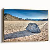 Framed canvas depicting a vintage-style landscape of Death Valley, with muted gold and black tones.