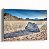 Framed canvas of a Death Valley landscape, featuring muted earth tones with a vintage poster art style.