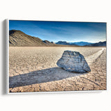 Vintage poster art of Death Valley on a white-framed canvas, featuring muted earth tones, ideal for living room decor.