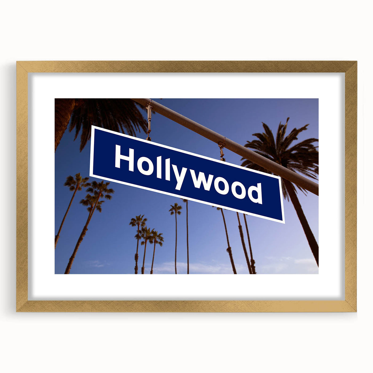 Extra large abstract art print of Hollywood, California scenery in muted gold tones on a framed canvas.