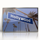 Mid-century modernist art depicting Hollywood, California in acrylic on a silver-framed poster.