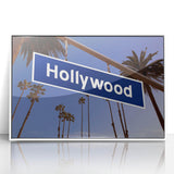 Acrylic print of Hollywood, California scenery in art deco style, framed in white, suitable for modern art wall decor.